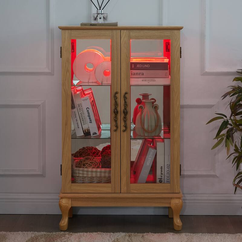 Elegant Light Oak Curio Cabinet with Tempered Glass Doors, LED Light, Mirrored Back Panel & Adjustable Shelves