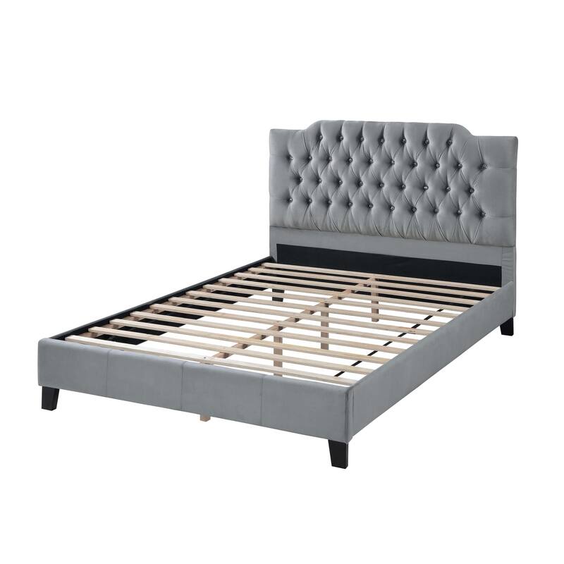 Modern Gray Velvet Full Size Bed with Tufted Headboard