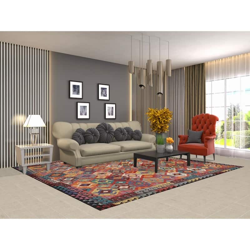 Multi-Color Geometric Kilim Area Rug Flatweave Wool Carpet - 8'5" x 9'6"