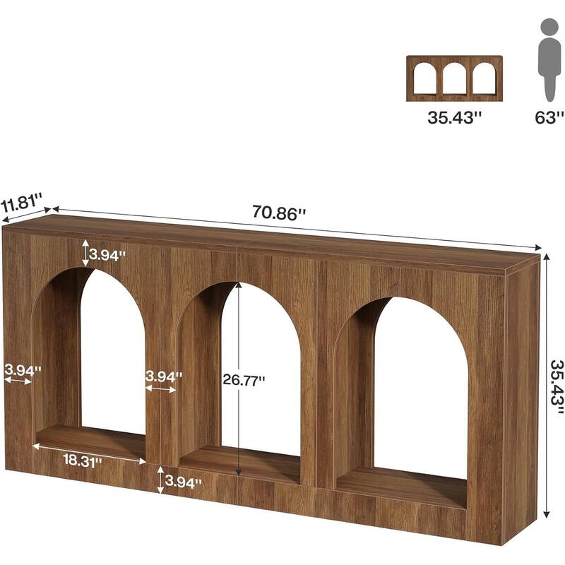 70.9" Console Table with Storage, Wood Entryway Table with 3 Arched Shelves - 11.8"L x 70.9"W x 35.4"H
