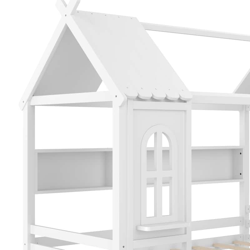 Charming House Bed for Girls, Boys Low Platform Bed Frame with Under-bed Drawers, Storage Shelves, Window and Roof