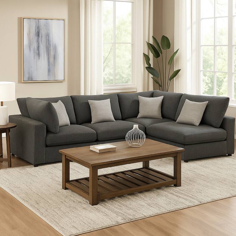 Serena 4pc Modular Sectional Sofa, 4 Accent Pillows, Gray Jacquard