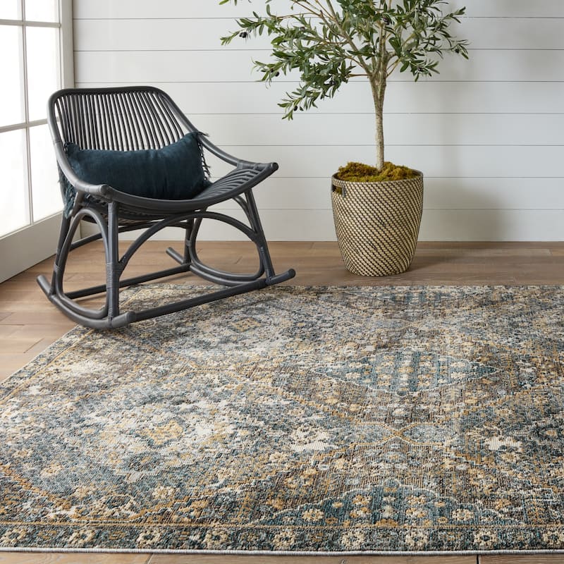 Julia Indoor/ Outdoor Medallion Blue/ Gold Area Rug