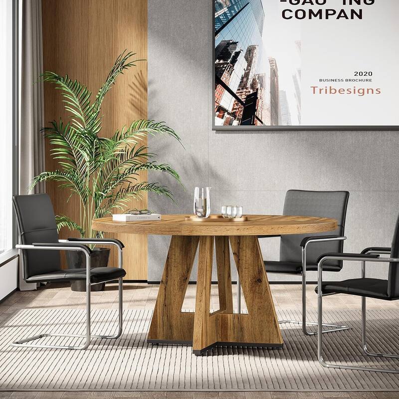 47" Round Conference Table Meeting Room Table with Thickened Top Wood Base Modern Training Desk for Conference/Seminar Room