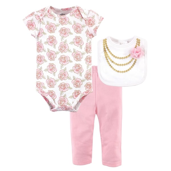 slide 1 of 1, Little Treasure Baby Girl Bodysuit, Pant and Bib, Gold Roses 0-3 Months - Gold Roses