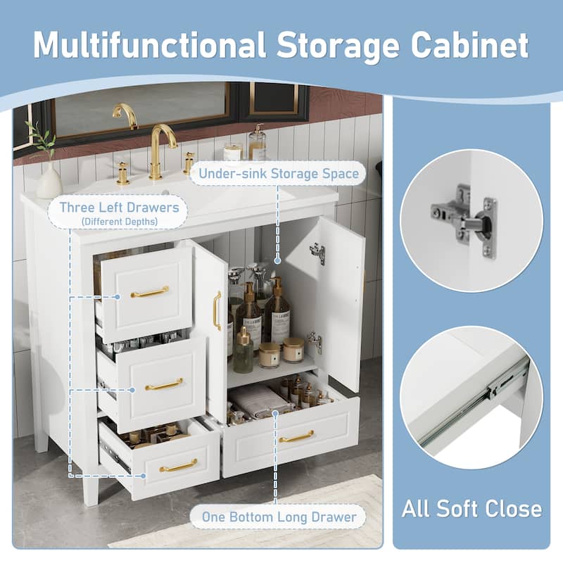 36" Modern Bathroom Vanity with Sink - 4 Soft-Close Drawers, Cabinet & Open Bottom Shelf