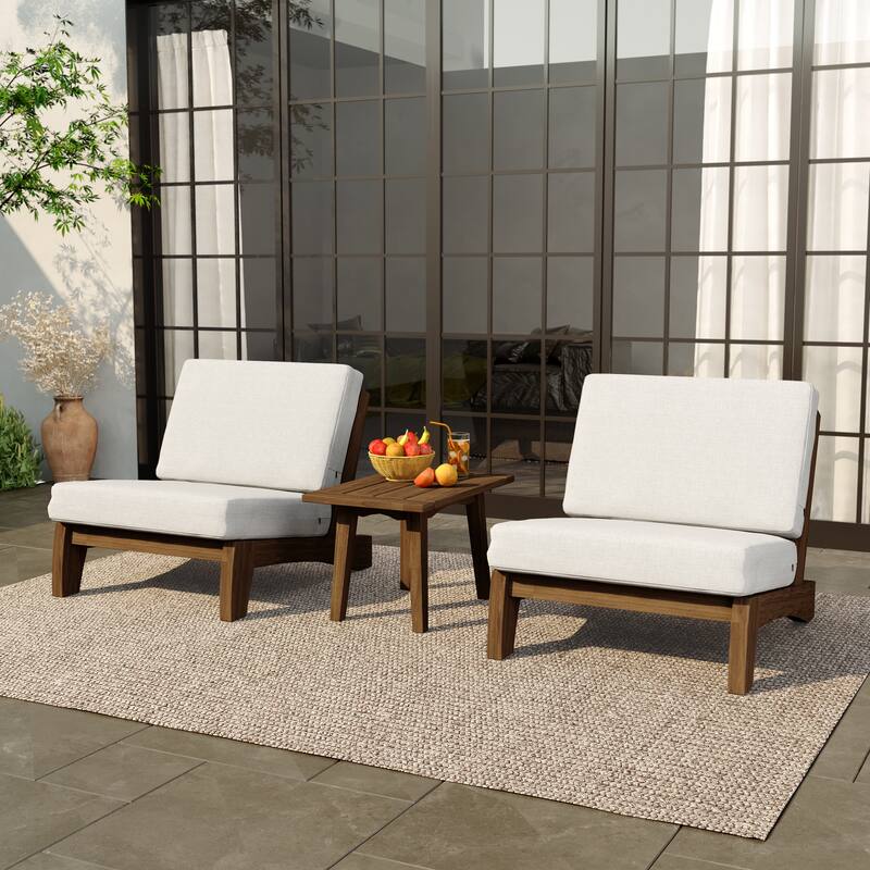 3-Piece Outdoor Patio Wood 2 Set Chairs with Side Table - Beige-Natural Wood