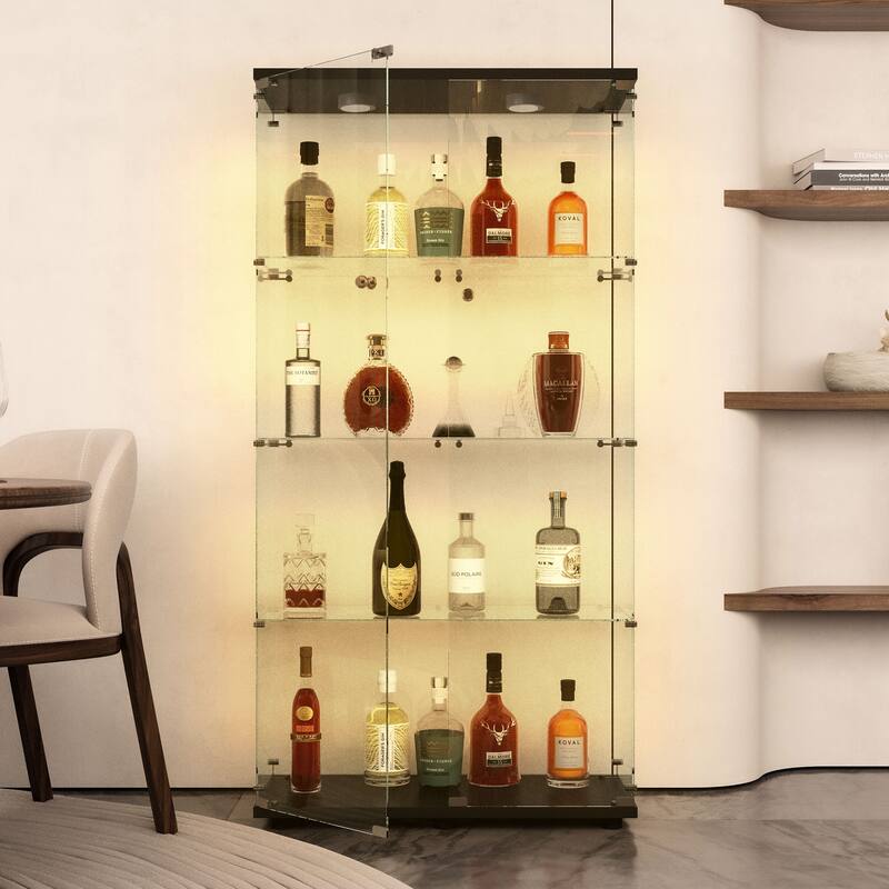 Tempered Glass Display Cabinet w/Multi-Color LED Lights, Door Lock & Adjustable Floor Feet for Flexible Placement