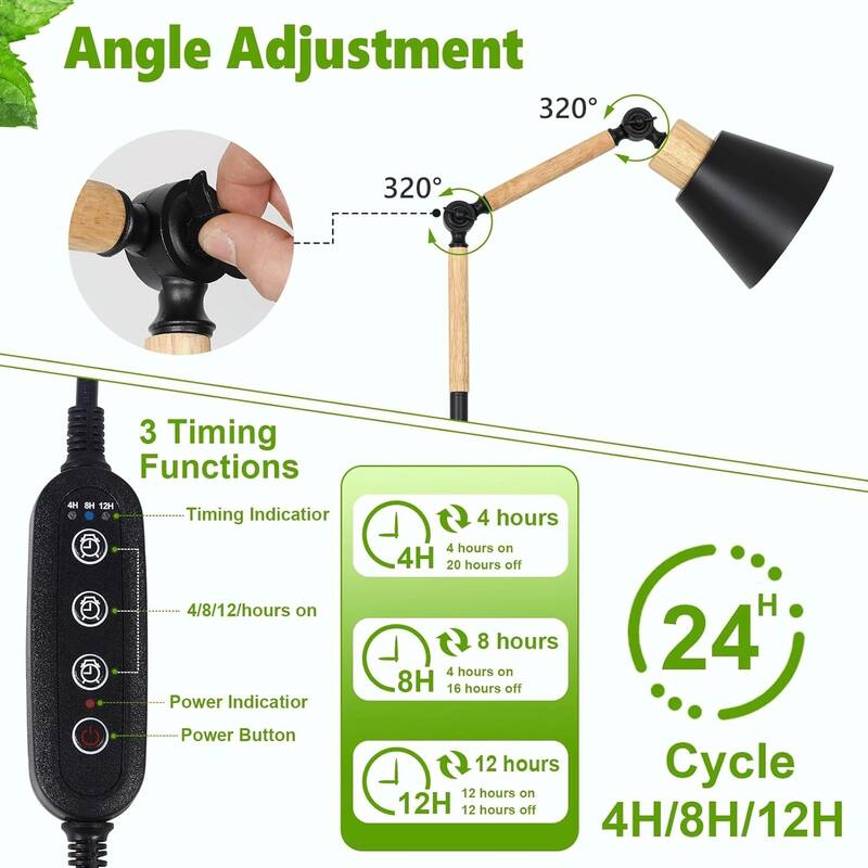Full Spectrum Grow Light with Adjustable Angle, Height, and Timer - Black