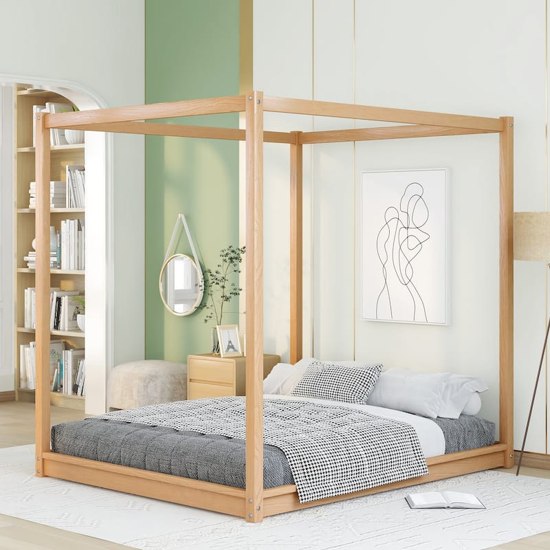 Natural Canopy Platform Bed: Pine Wood, Support Legs - Natural - Queen
