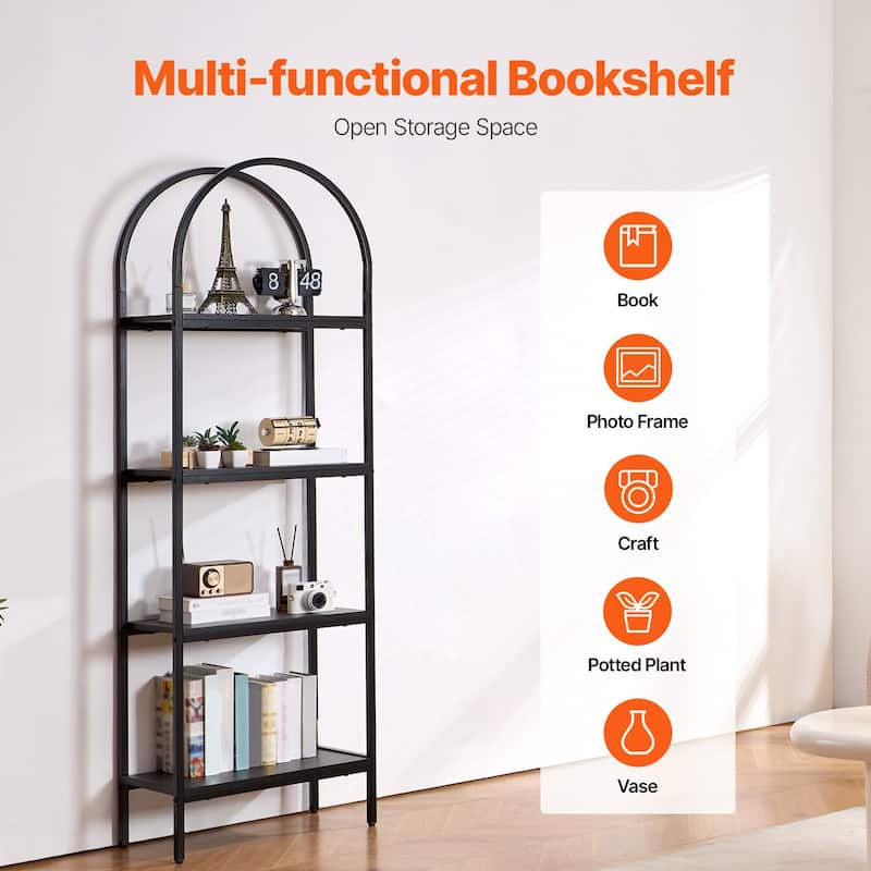4-Tier Black Metal Freestanding Bookshelf with Adjustable Foot Pads Suitable for Any Room - 23.62" x 11.81" x 70.87"