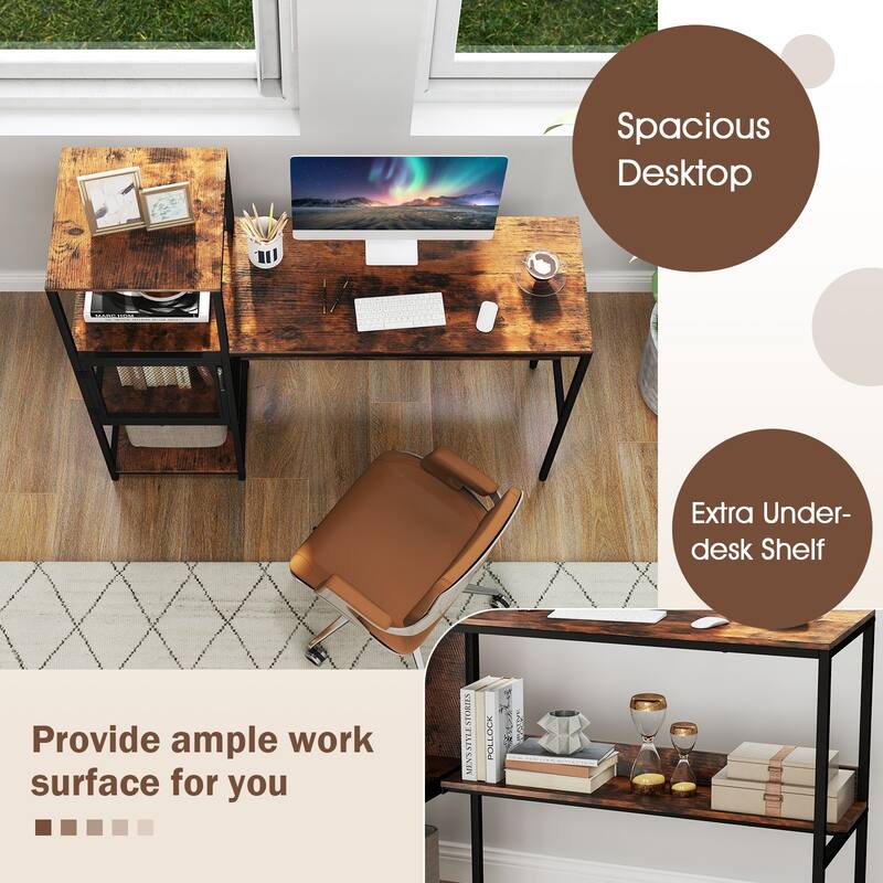 Rustic Brown Wood Metal Computer Desk with Bookshelf and Storage