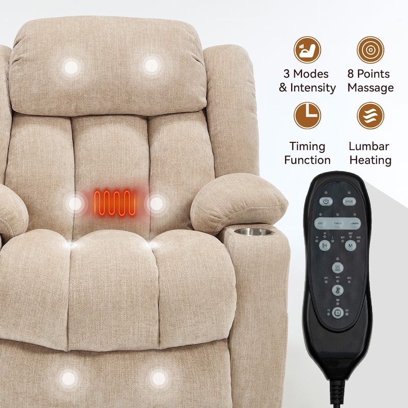 Chenille Power Lift Recliner wMassage, Heat, USB, Type-C, Cup Holders