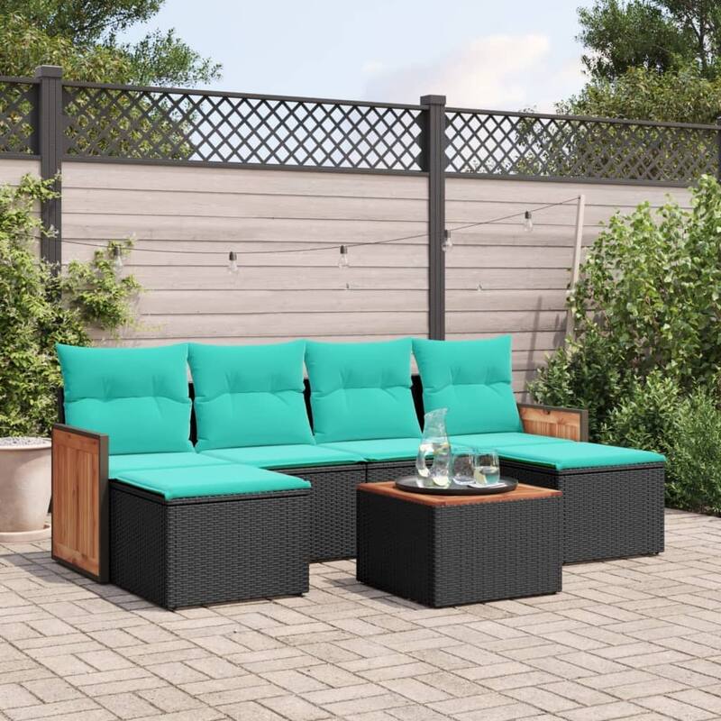 vidaXL 7 Piece Patio Sofa Set with Cushions Black Poly Rattan - 21.7 x 24.4 x 27.2