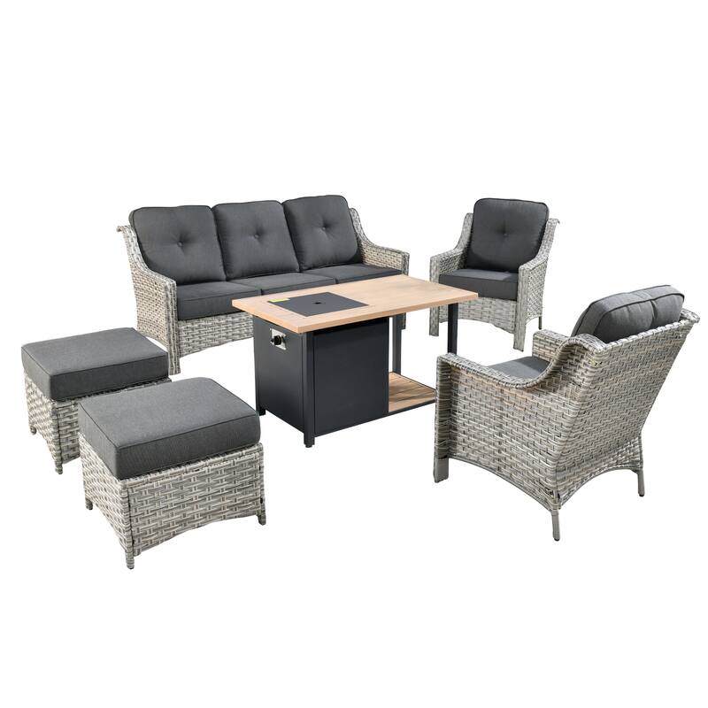 HOOOWOOO 6-piece Wicker Patio Furniture Set with Fire Pit Table