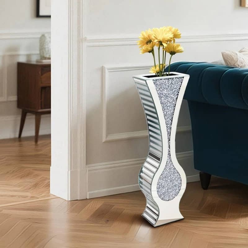 27" Tall Silver Mirrored Floor Vase Glam Crushed Diamond Vases