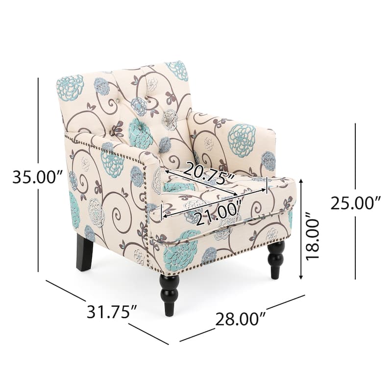 Floral Fabric Club Chair with Tufted Back, Nailhead Trim & Birch Legs
