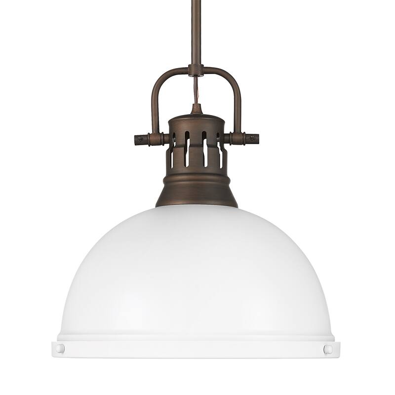 Yep by Golden Lighting Duncan 1-light 14in Rod Hung Pendant in Rubbed Bronze and Matte White shade