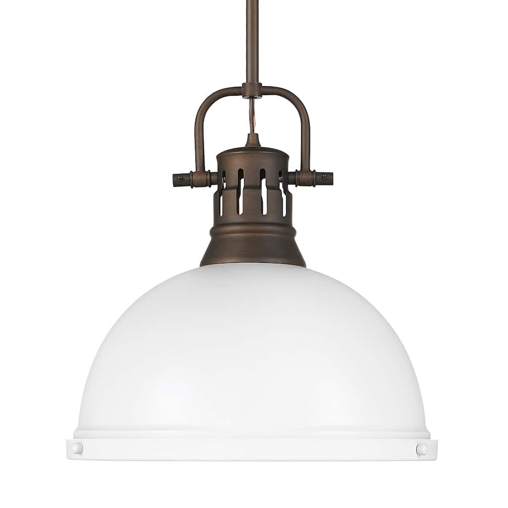 Yep by Golden Lighting Duncan 1-light 14in Rod Hung Pendant in Rubbed Bronze and Matte White shade