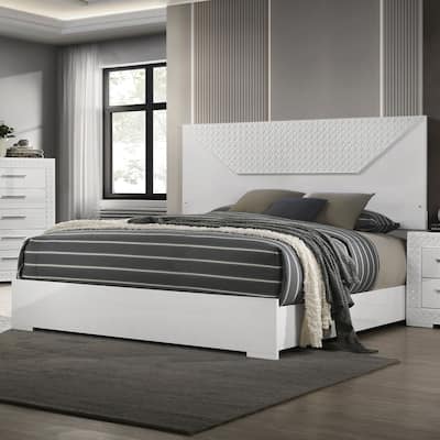 Furniture of America Zollan Glam Glossy White Panel Bed with LED on Headboard