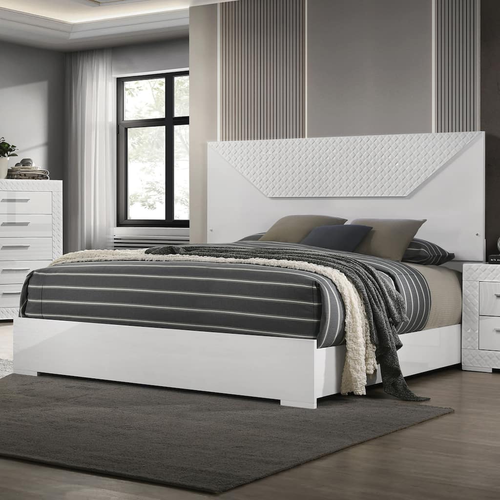 Furniture of America Zollan Glam Glossy White Panel Bed with LED on Headboard