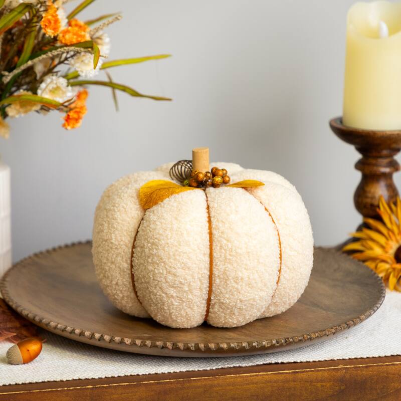 Large Plush Pumpkin Fall Harvest Decoration - 7.5" - Cream and Yellow