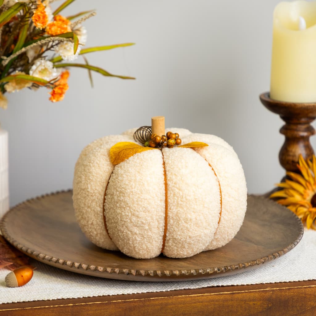 Large Plush Pumpkin Fall Harvest Decoration - 7.5" - Cream and Yellow