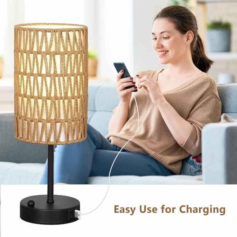 Rattan & Linen Shade, 3-Way Dimmable Bedside Lamp with USB Charging Port and Phone Stand