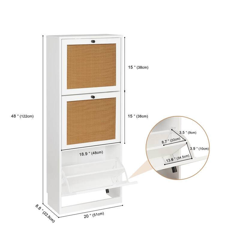 Anmytek 3 Layer Wood Rattan Shoe Cabinet with 3 Flip Drawer Narrow Shoe Storage Organizer