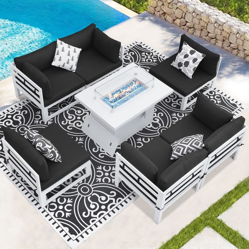 FINCATI Modern 7 Piece White Aluminum Outdoor Furniture Set with Propane/Natural Gas Firepit Table