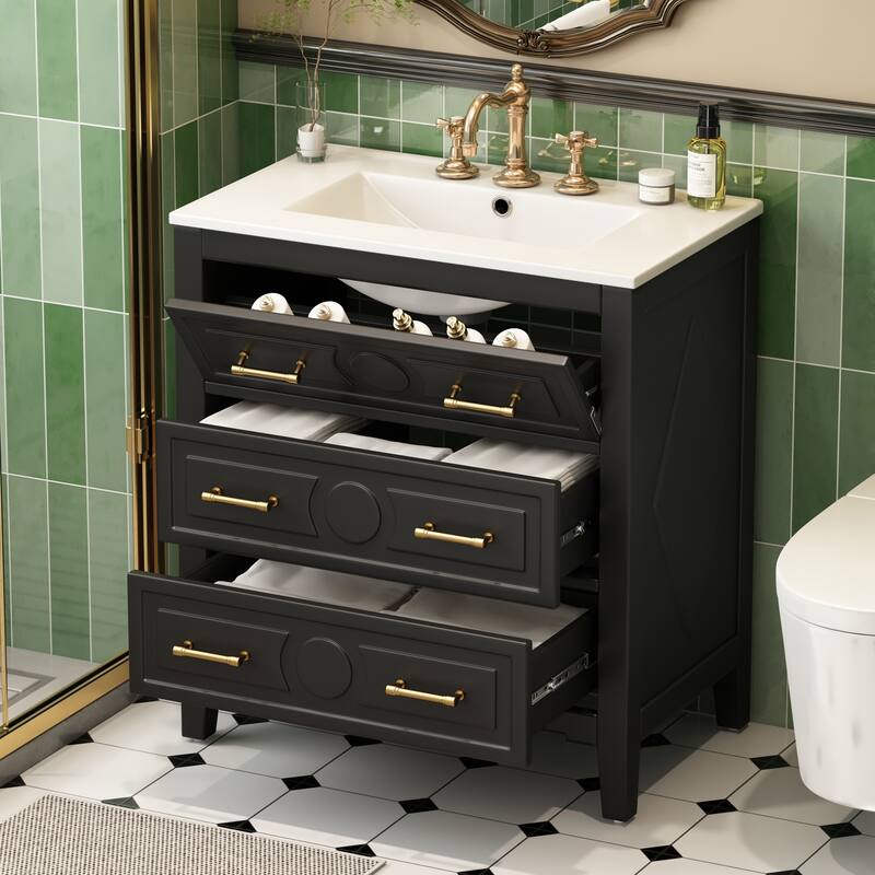 30" Freestanding Vanity - Solid Wood Frame, Ceramic Sink & 3 Drawers