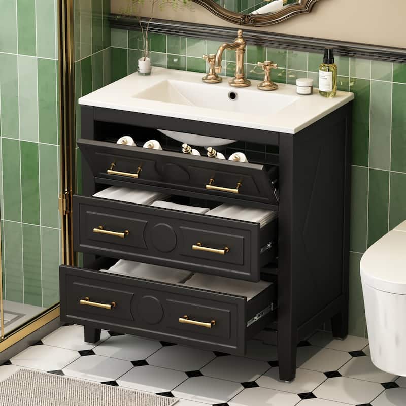 30"Bathroom Vanity with Ceramic Sink, Free Standing Single Vanity Set with 3 Drawers, Solid Wood Frame Storage Cabinet