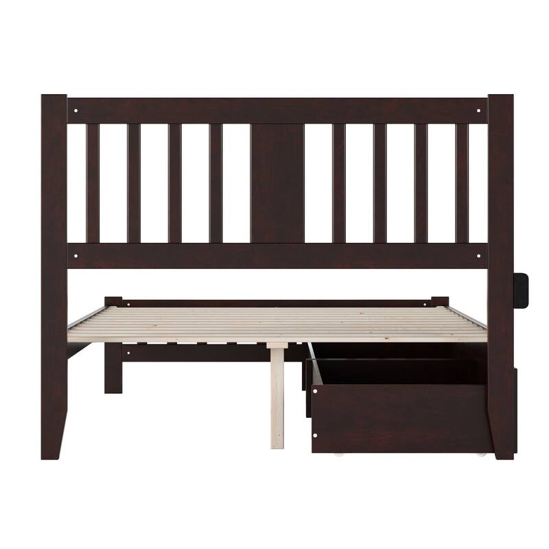 Full Bed with Footboard & Drawers - Espresso Wood Bed Frame, Charging Station, Solid Hardwood Construction