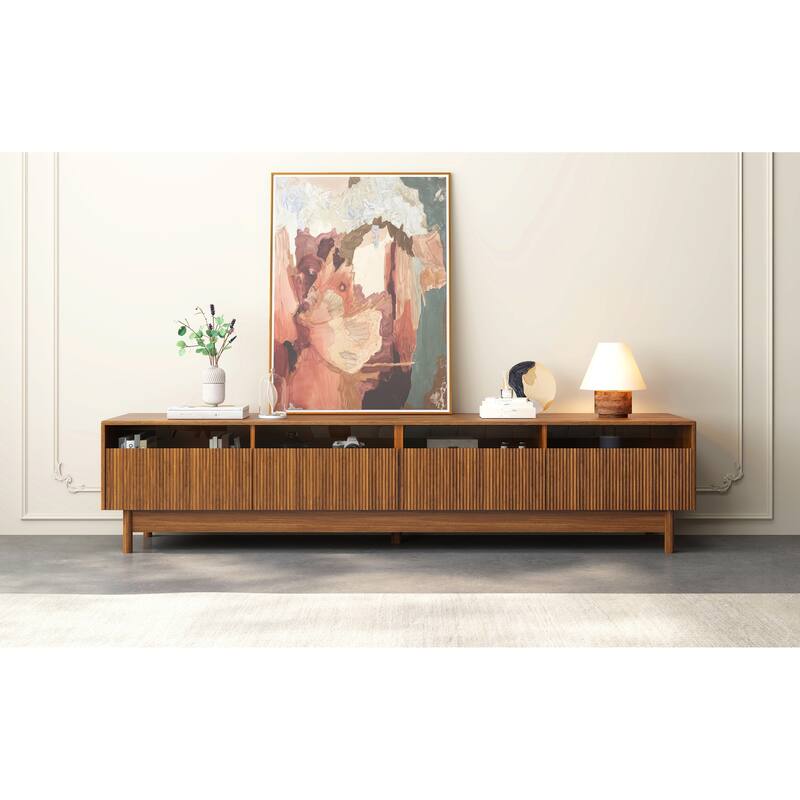 TV Stand for TVs up to 85", Mid Century Modern Entertainment Center with Glass Drawers, Wood TV Console Table