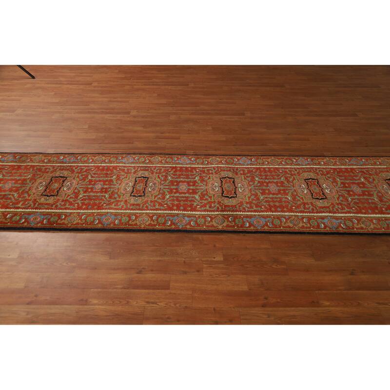 Hand Knotted Oriental 100% Wool Carpet Traditional Geometric Oranges & Rust Heriz (serapi) Runner Rug - 11' 10'' X 2' 6''
