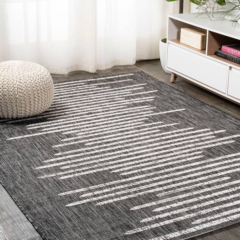 JONATHAN Y Colonia Berber Stripe Geometric Indoor/Outdoor Area Rug - 10' x 14' - Black/Ivory