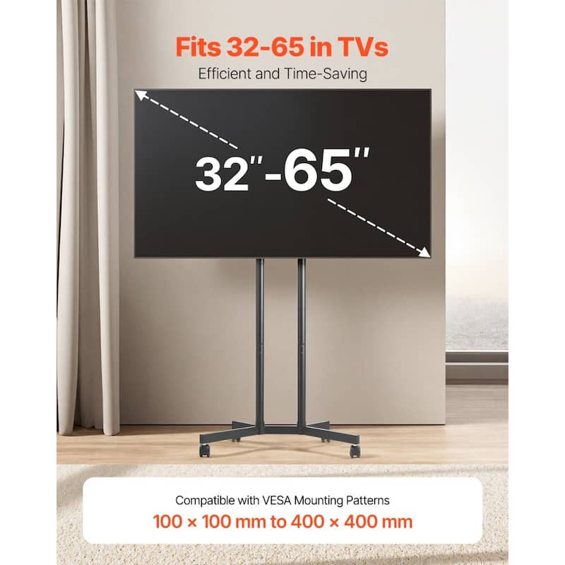 Rolling TV Stand for 32-65 Inch Screens, Adjustable Height Mobile Cart - 27.36 x 18.11 x (53.35 ~60.63) in
