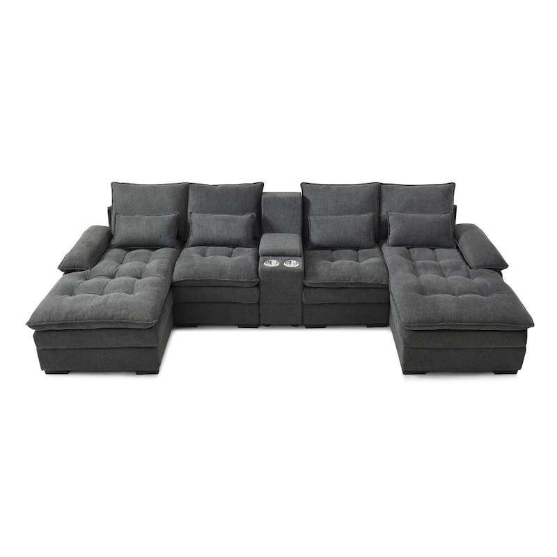 130" Modern Upholstered Sectional Sofa with Console and Chaise, Pillows