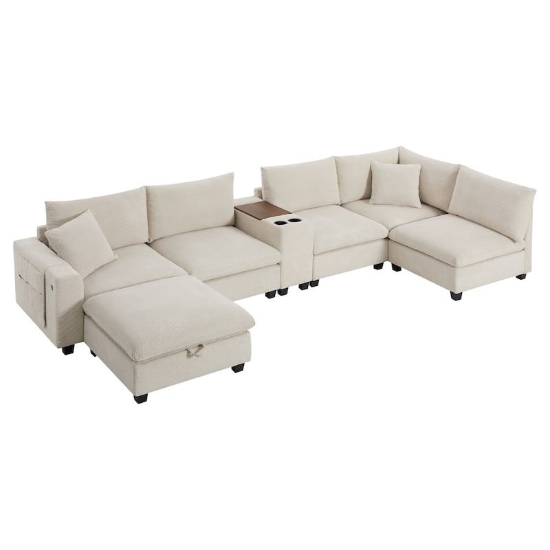 U-Shaped Chenille Upholstered Storage Sofa w/ Ottoman, Cup Holder, USB