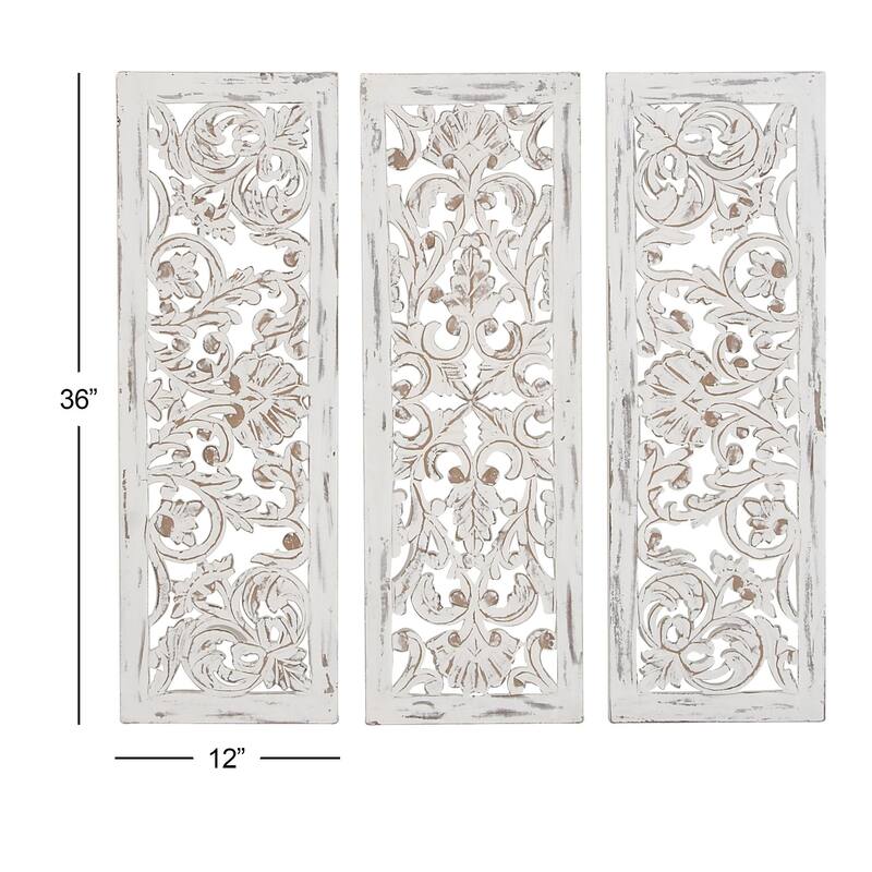 White Wooden Handmade Intricately Carved Floral Home Wall Decor (Set of 3)