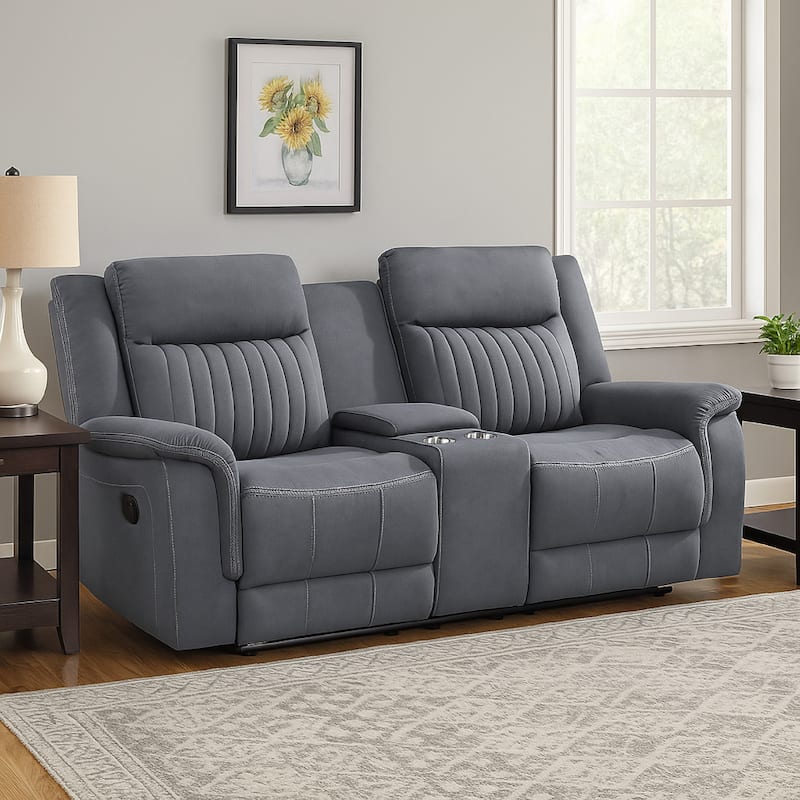 Lenny Manual Reclining Loveseat, Cup Holders, Gray Microfiber, 75 Inch