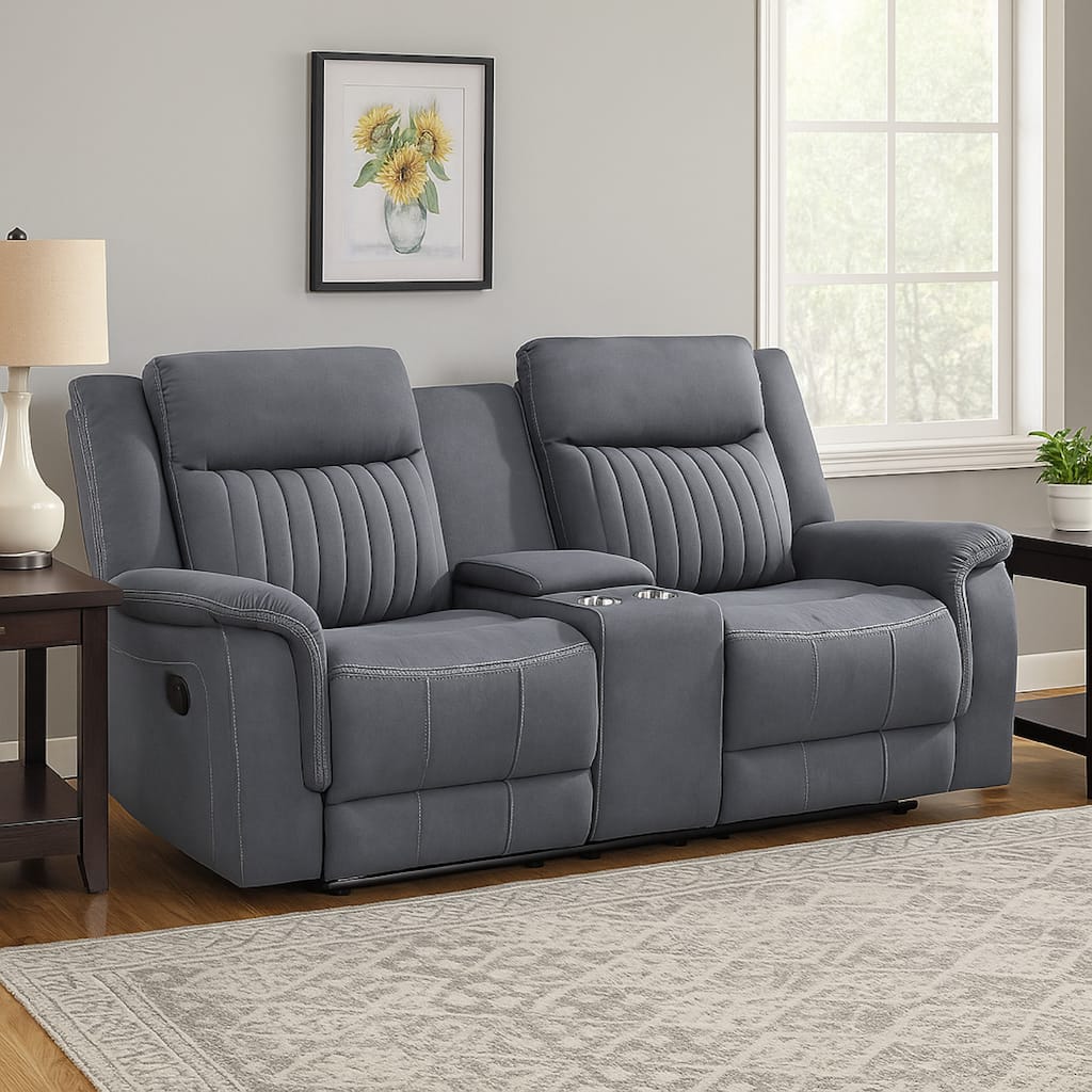 Lenny Manual Reclining Loveseat, Cup Holders, Gray Microfiber, 75 Inch