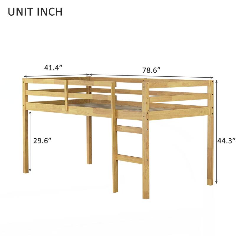 Solid Wooden, Rubber Wooden Twin Loft Bed with Ladder, Bed Platform of Strengthened Slats