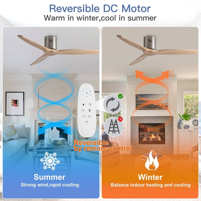 52In. Farmhouse Indoor Flush Mount Low Profile Ceiling Fan with Solid Wood Blades and Remote Control