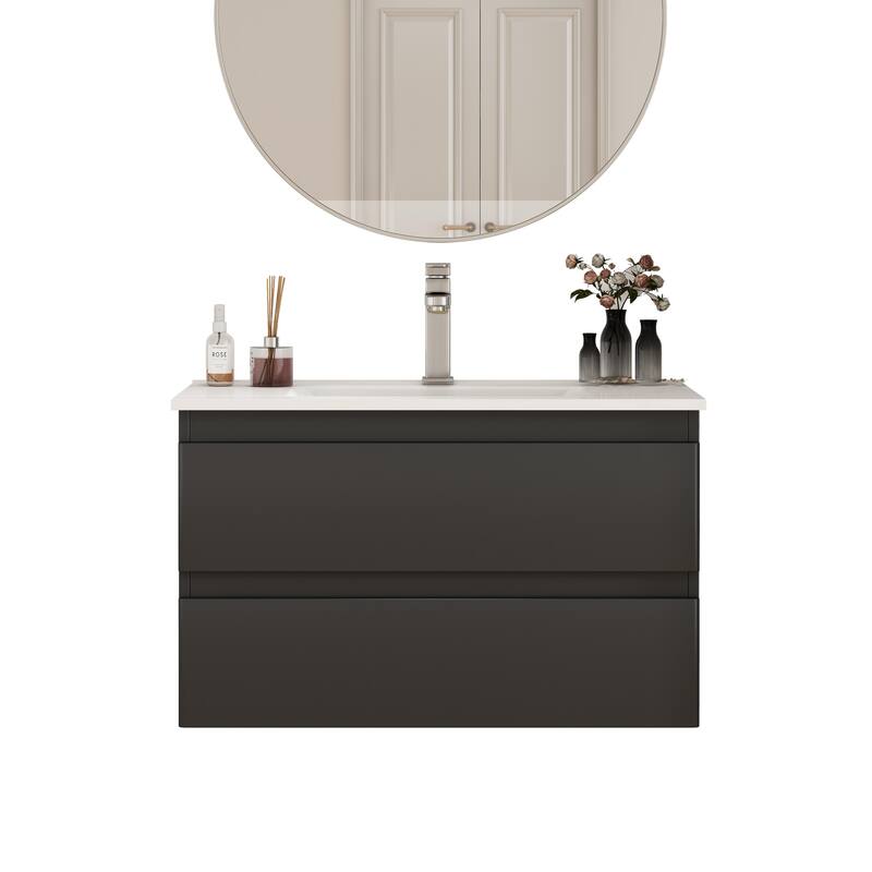 32 Inch Floating Bathroom Vanity with One-piece Ceramic Sink, Wall Mounted Cabinet with 2 Drawers