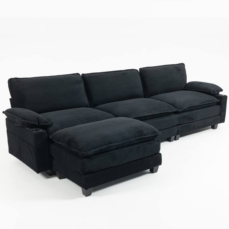 113" L Shaped Sectional Sofa, Deep Seat Cloud Couch with Ottoman, Oversized Corduroy Couch with Cup Holders, Storage Bags