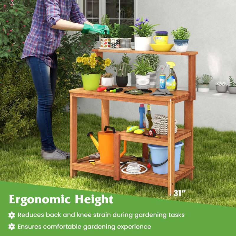 Gymax Outdoor Potting Bench Table w/Open Shelves Teak Oil Finish