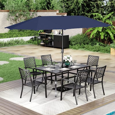 MAISON ARTS 8-Piece Outdoor Dining Set with 13ft Umbrella Steel Rectangle Table & 6 Stackable Chairs