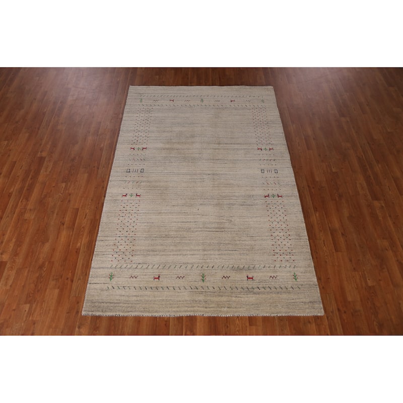 Hand Knotted Oriental 100% Wool Carpet Tribal Animal Pictorial Beige & Ivories Gabbeh Area Rug - 7' 9'' X 5' 1''