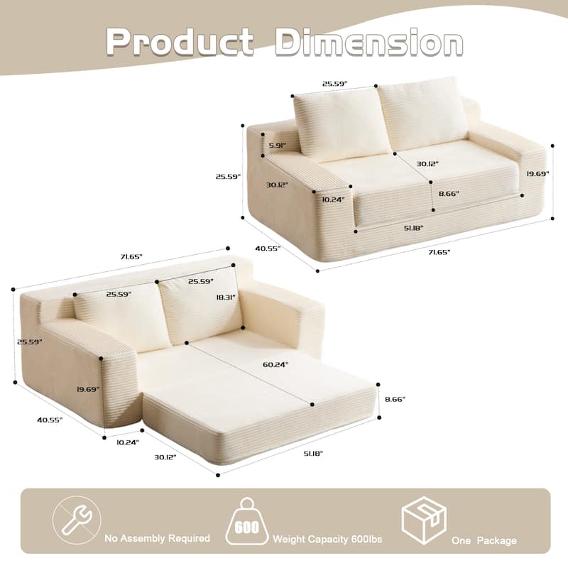 Floor Corduroy Deep Seat Loveseat Sofa with Folding Mattress Convertible Sleeper Sofa Bed with Reversible Cushion and Pillows
